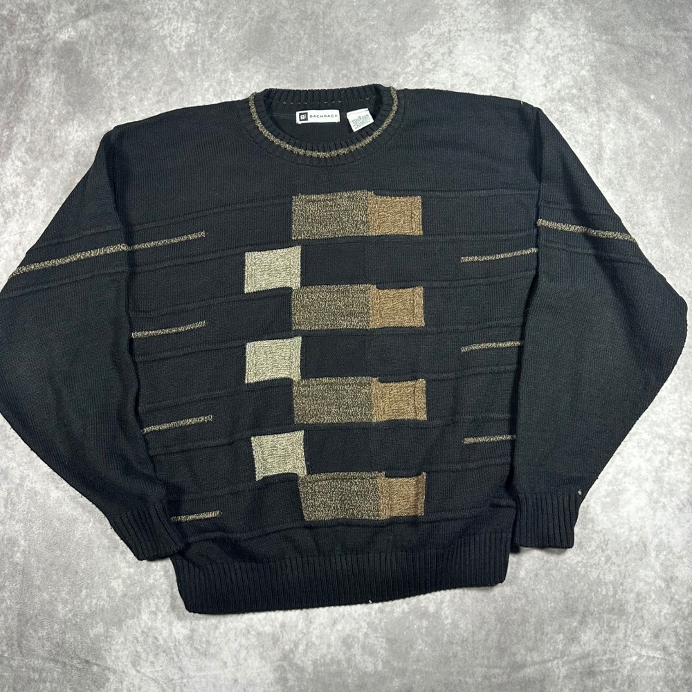 Vintage Bachrach Mens S Geometric Abstract Knit Sweater Black Coogi Style 90s